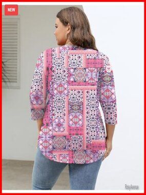 Womens Plus Size Tunic Top V Neck 3/4 Sleeve Casual Blouse XL-5X